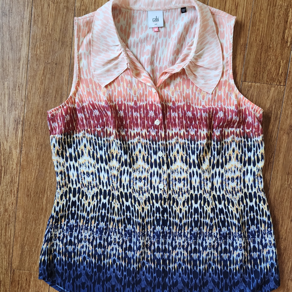 CAbi Pink and Orange Sleeveless Blouse with Peter Pan Collar
